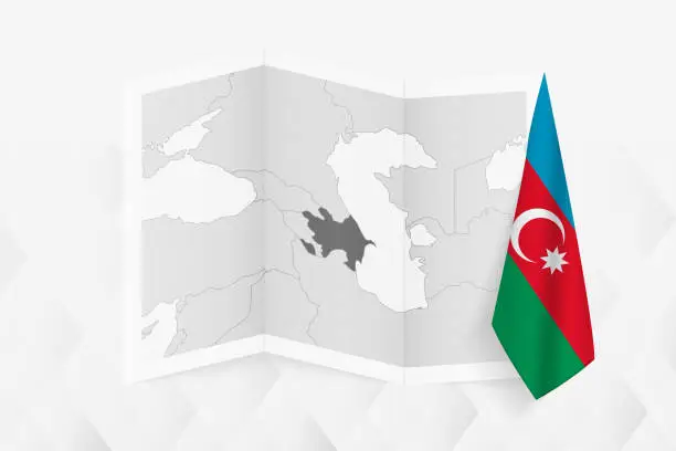 Vector illustration of A grayscale map of Azerbaijan with a hanging Azerbaijani flag on one side. Vector map for many types of news.