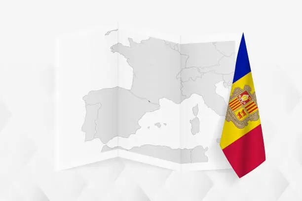 Vector illustration of A grayscale map of Andorra with a hanging Andorran flag on one side. Vector map for many types of news.