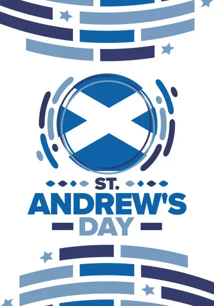 Vector illustration of Saint Andrew's Day in Scotland. National day in Scotland. Happy holiday Andermas, celebrated annual in November 30. Scottish flag. Patriotic elements. Poster, card, banner and background. Vector