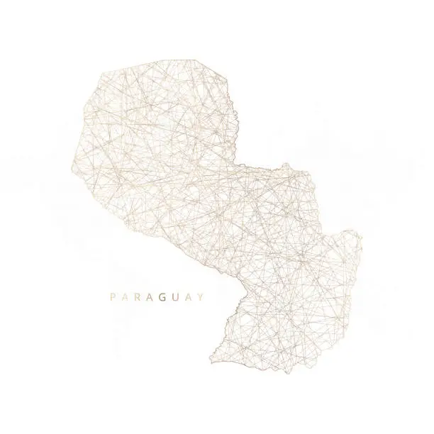 Vector illustration of Low poly map of Paraguay. Gold polygonal wireframe. Glittering vector with gold particles on white background