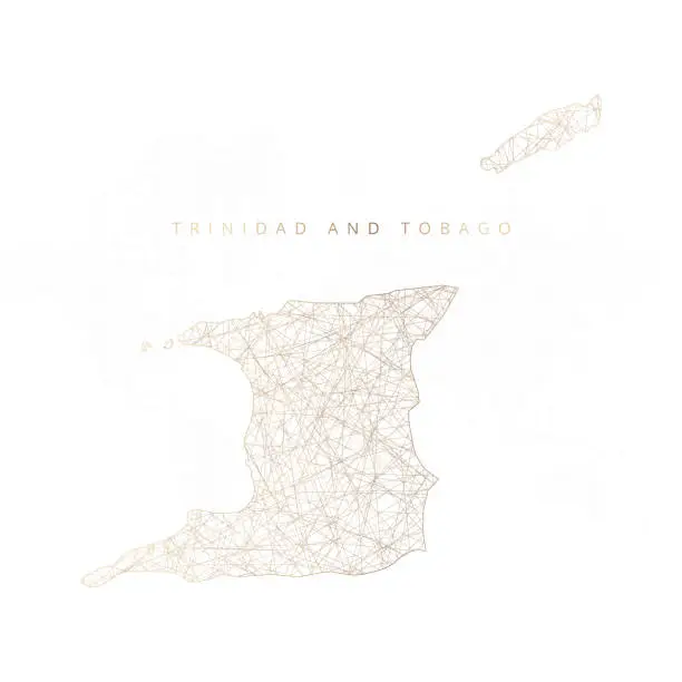 Vector illustration of Low poly map of Trinidad and Tobago. Gold polygonal wireframe. Glittering vector with gold particles on white background