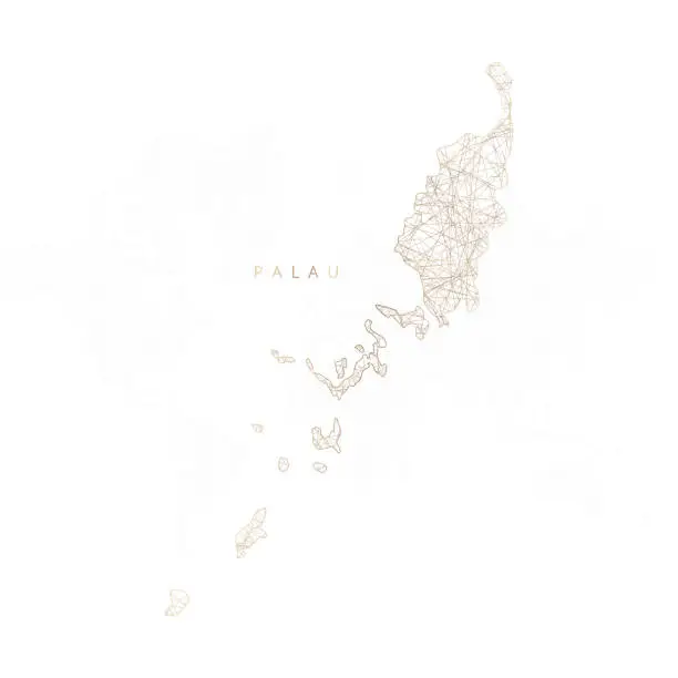 Vector illustration of Low poly map of Palau. Gold polygonal wireframe. Glittering vector with gold particles on white background