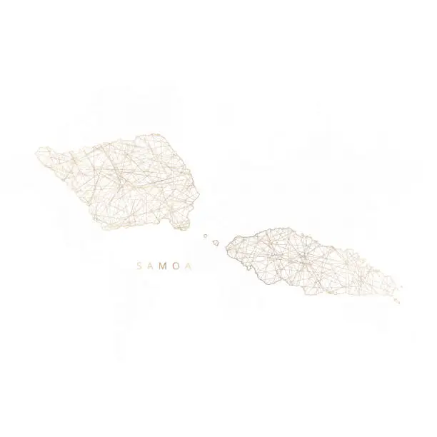 Vector illustration of Low poly map of Samoa. Gold polygonal wireframe. Glittering vector with gold particles on white background