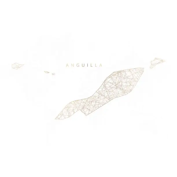 Vector illustration of Low poly map of Anguilla. Gold polygonal wireframe. Glittering vector with gold particles on white background