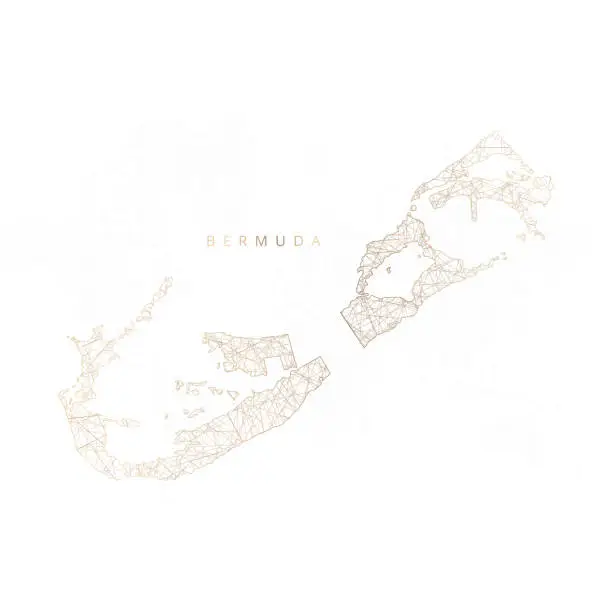 Vector illustration of Low poly map of Bermuda. Gold polygonal wireframe. Glittering vector with gold particles on white background