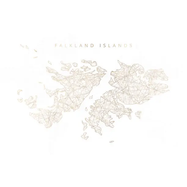 Vector illustration of Low poly map of Falkland Islands. Gold polygonal wireframe. Glittering vector with gold particles on white background