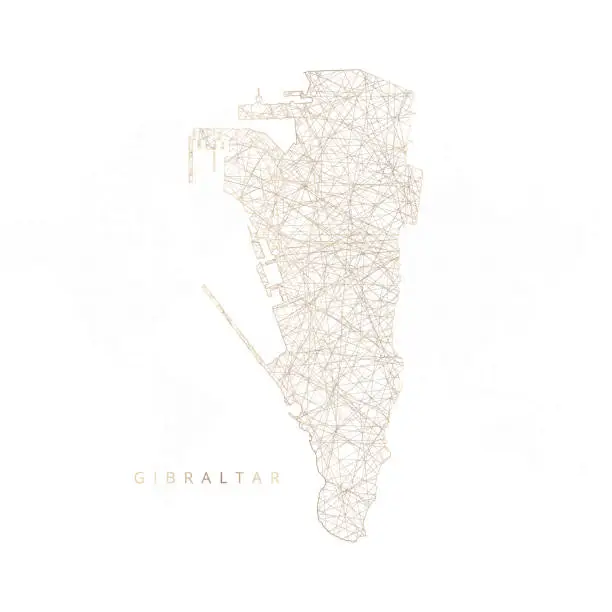 Vector illustration of Low poly map of Gibraltar. Gold polygonal wireframe. Glittering vector with gold particles on white background