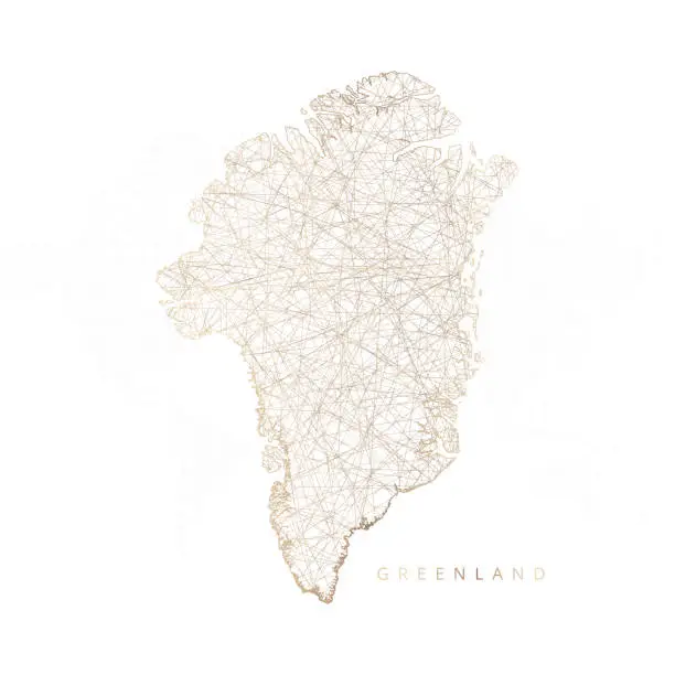 Vector illustration of Low poly map of Greenland. Gold polygonal wireframe. Glittering vector with gold particles on white background