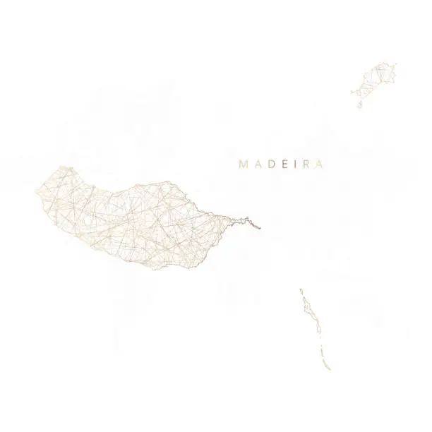 Vector illustration of Low poly map of Madeira. Gold polygonal wireframe. Glittering vector with gold particles on white background