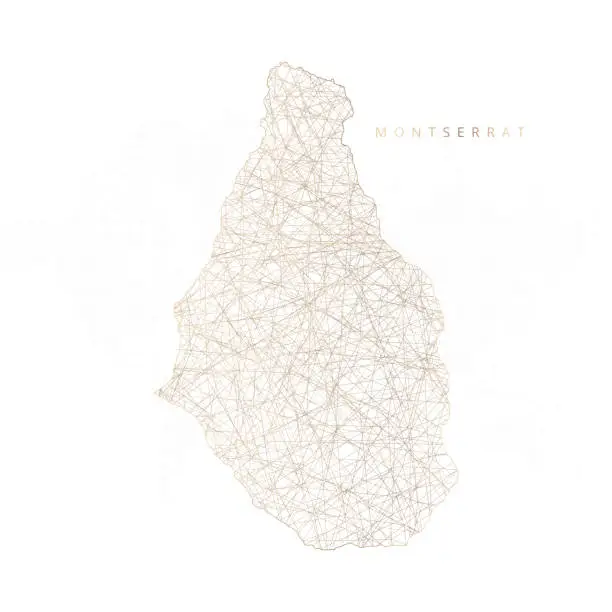 Vector illustration of Low poly map of Montserrat. Gold polygonal wireframe. Glittering vector with gold particles on white background