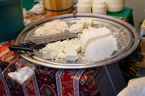 Fresh Turkish national cheese at the farmers market