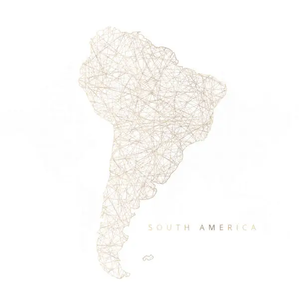 Vector illustration of Low poly map of South America Continent. Gold polygonal wireframe. Glittering vector with gold particles on white background. Vector illustration eps 10