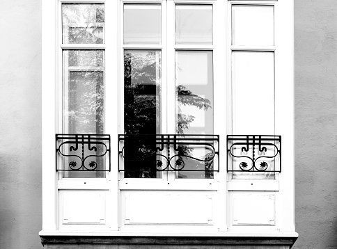 Shot in color and black and white detail on the facade of this historic building representing some character, animal or flower. Set at Logroño, La Rioja, Spain, Europe