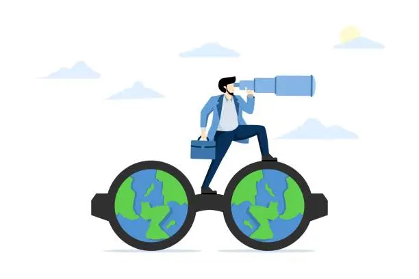 Vector illustration of Concept of global or world business vision, international business opportunities, looking for a job, career or working abroad, businessman looking through a telescope with glasses with a world map.