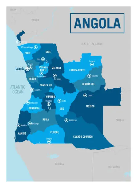Vector illustration of Angola country political map.Africa.  Detailed vector illustration with isolated provinces, departments, regions, cities, islands and states easy to ungroup.