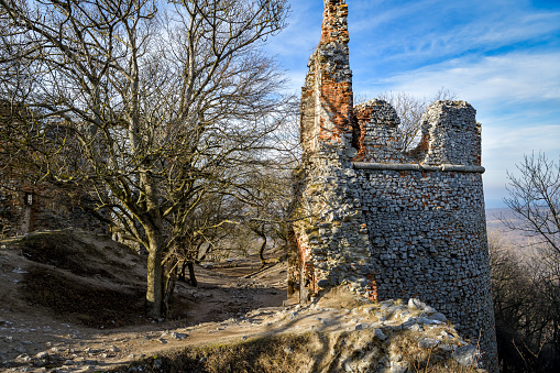 Ruins of Pajstun castle above small village of Borinka in Small Carpathian mountains in Slovakia