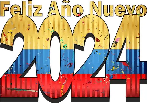 Vector illustration of Happy New Year 2024 with Colombia flag inside