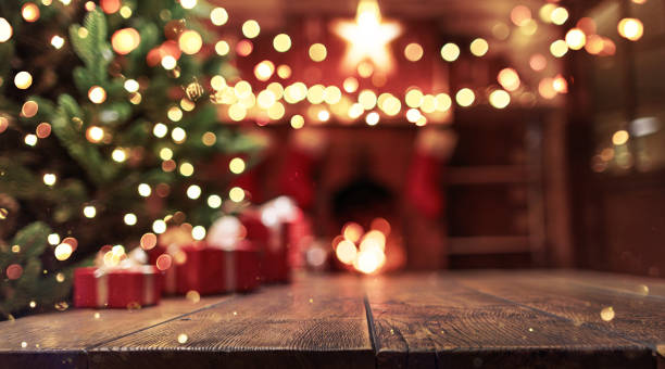 istock Wooden background with glitter effects and fireplace 1733873320