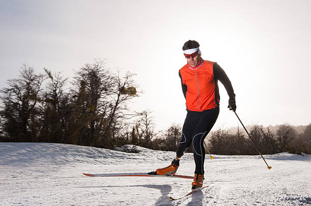 Nordic ski in white winter nature, sport photo, edit space, Christmas time