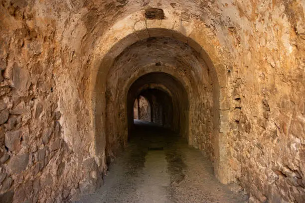 Tunnel known as Dantes Gate on Spinalonga Island, Crete, Greece.