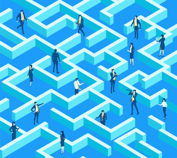 istock Isometric business concept environment, Business people working in labyrinth. Talking, communication, slowing the problems, start up, support and developing projects 1733882333