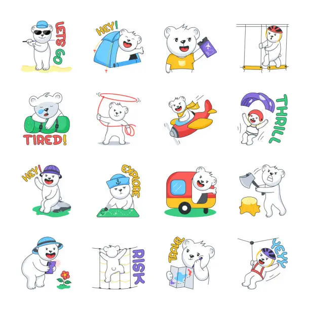 Vector illustration of Collection of Adventure Teddy Flat Stickers