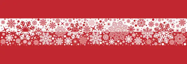 Vector illustration of Snowflakes seamless border .Ornament with white snowflakes and stars isolated on red background .Christmas red horizontal border.Christmas decoration.