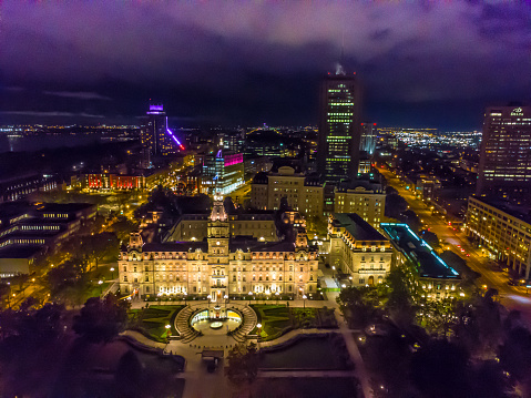 Aerial view of Quebec city Parliament during night of autumn with Complex G building and Concord Hotel