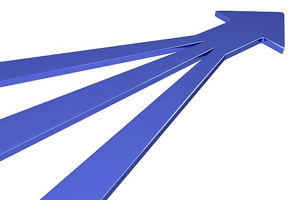 Graphic of three blue arrows converging at a point stock photo