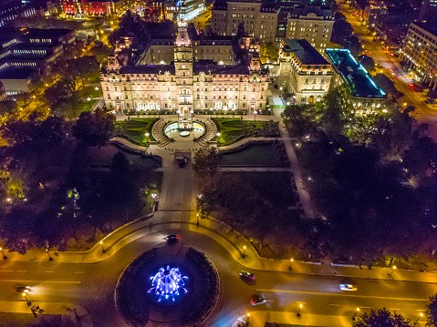 Aerial view of Quebec city Parliament during night of autumn