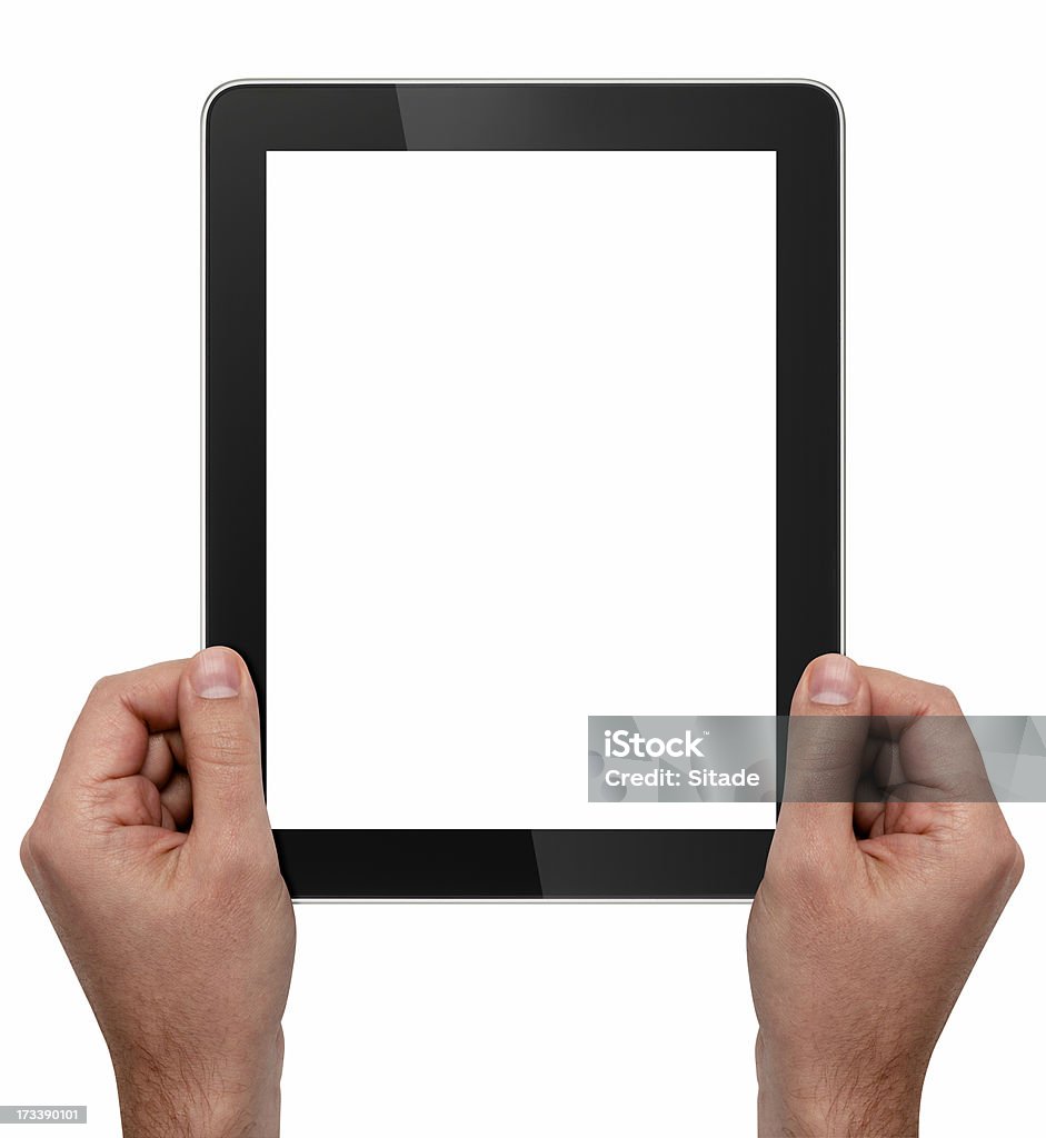 Manos sosteniendo una tableta Digital con tres trazados de recorte - Foto de stock de Adulto libre de derechos