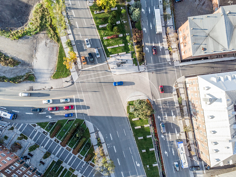 Aerial view of Honore Mercier avenue intersection in Quebec city with cars arriving downtown during day of autumn