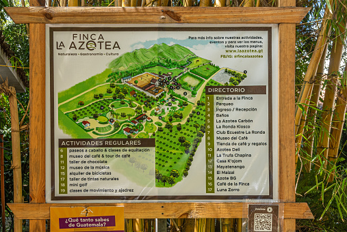 Guatemala, La Antigua - July 20, 2023: Finca La Azotea museums. large colorful map outside displays list of activities and the different buildings.