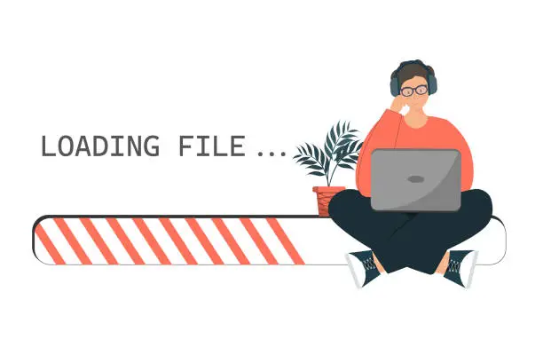 Vector illustration of Person loading files at the laptop, working with notepad, adding media content, loading file process, flat vector illustration