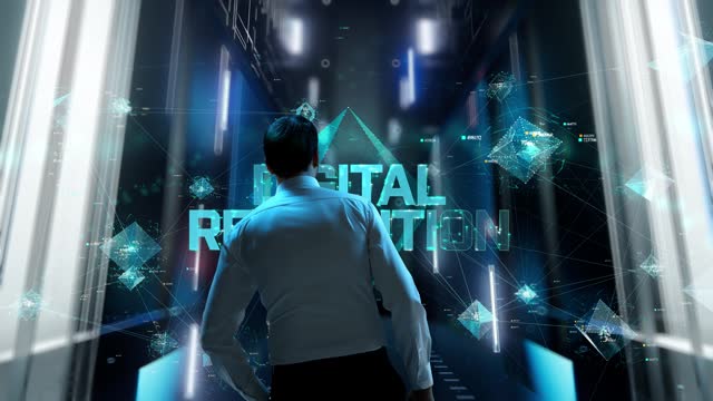 Digital Revolution. Man in Futuristic Office Interior Moving and Activating Hologram.
