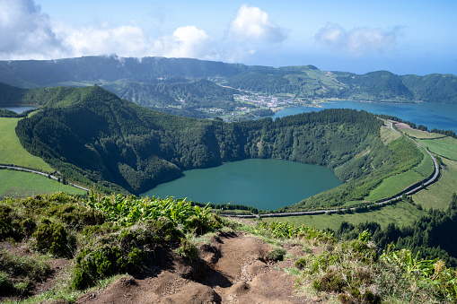 Crater, lakes and town from Boca do Inferno viewpoint on Sao Miguel island, Azores