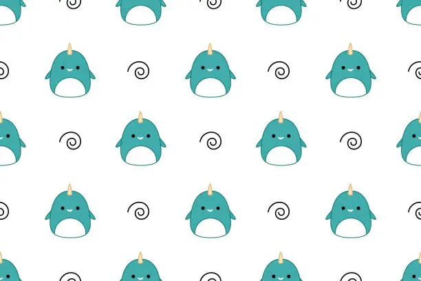 Vector illustration of Kawaii narwhals on seamless pattern. Squishmallow. Background with narwhal. Kawaii, vector