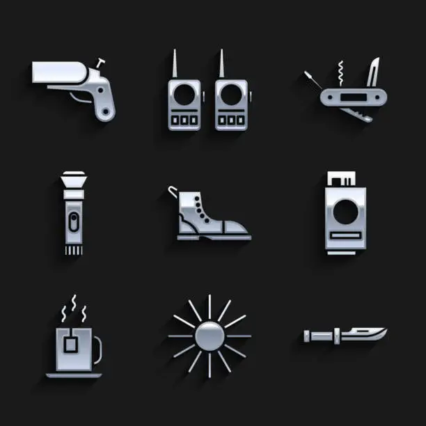 Vector illustration of Set Hiking boot, Sun, Camping knife, Passport with ticket, Cup of tea tea bag, Flashlight, Swiss army and Flare gun pistol icon. Vector