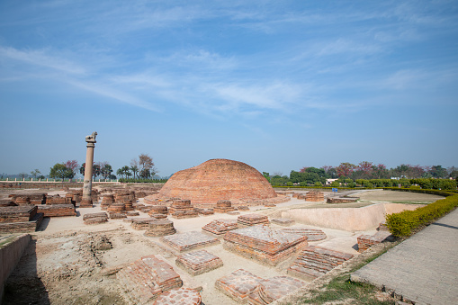 Asokan Pillar And Ananda Stupa At Kutagarasala Vihara in Bihar India.
