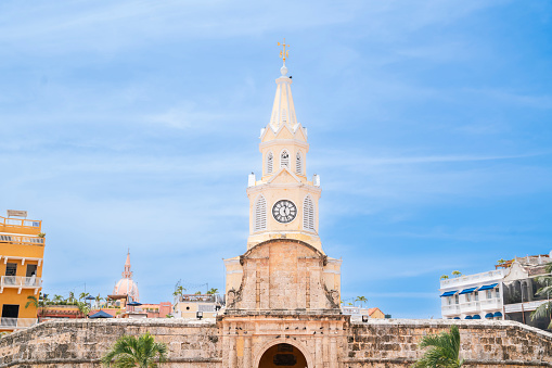 Sunlit Majesty: The Clock Tower in Cartagena bathed in sunlight