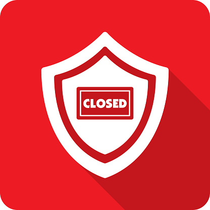 Vector illustration of a shield with closed sign against a red background in flat style.