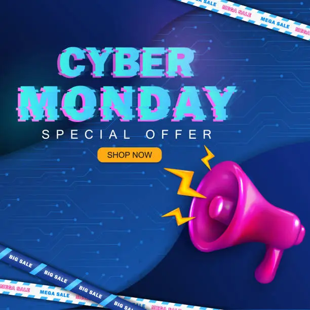 Vector illustration of Advertising banner with loudspeaker for Cyber Monday sale