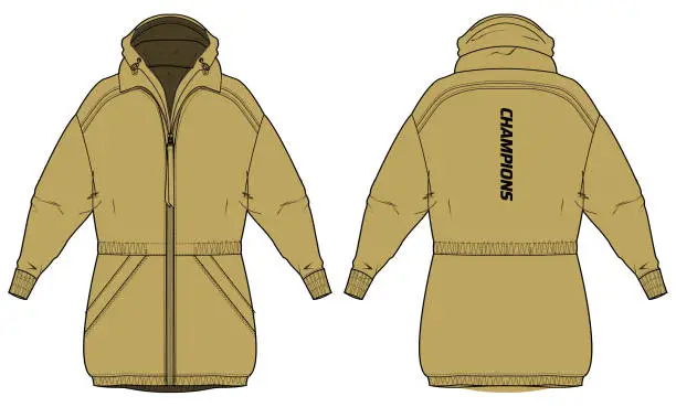 Vector illustration of Cover up Quilted Puffer jacket design flat sketch Illustration, Down puffa Padded Hooded jacket with front and back view, Soft shell winter jacket for girls and ladies for outerwear in winter.