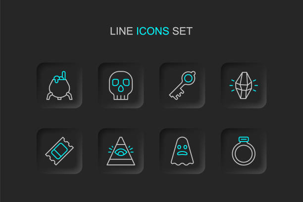 Set line Magic stone ring, Ghost, All-seeing eye of God, Circus ticket, Old magic key, Skull and Witch cauldron icon. Vector Set line Magic stone ring Ghost All-seeing eye of God Circus ticket Old magic key Skull and Witch cauldron icon. Vector. providence house stock illustrations