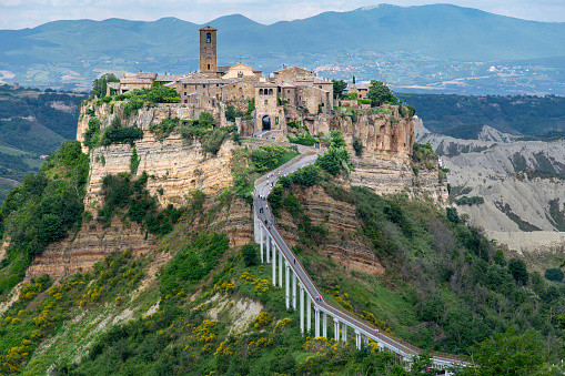 Panoramic view of Bagnoregio, Italy on top of a hill also called -dying village- because the hill eroding, causing the village houses to collapse into the gorge