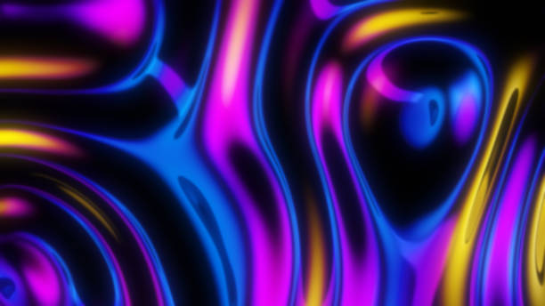 istock Futuristic iridescent holographic waves. Metallic foil background. Neon colors wavy surface 1734081066