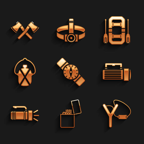 ilustrações de stock, clip art, desenhos animados e ícones de set compass, lighter, slingshot, flashlight, canteen water bottle, rafting boat and crossed wooden axe icon. vector - inflatable raft flash