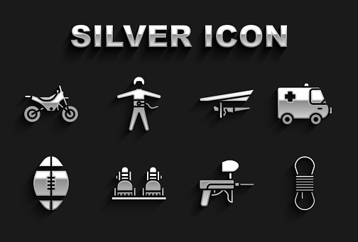 Set Snowboard Ambulance and emergency car Climber rope Paintball gun Rugby Hang glider Mountain bike and Bungee jumping icon. Vector.