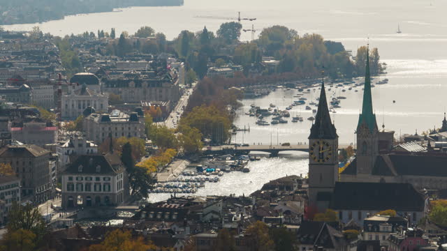 sunny day zurich city center famous lakeside bay traffic bridge aerial panorama timelapse 4k switzerland