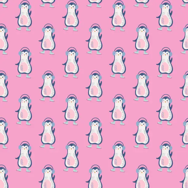 Vector illustration of Vector seamless pattern with penguins wearing skates and headphones. Bright childish background with cute characters. Digital paper.